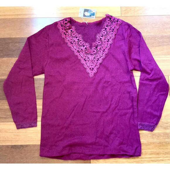 Maroon Lace Trim V-Neck Blouse Top NIP Small, Stretch Knit, Long Sleeves - Picture 3 of 7